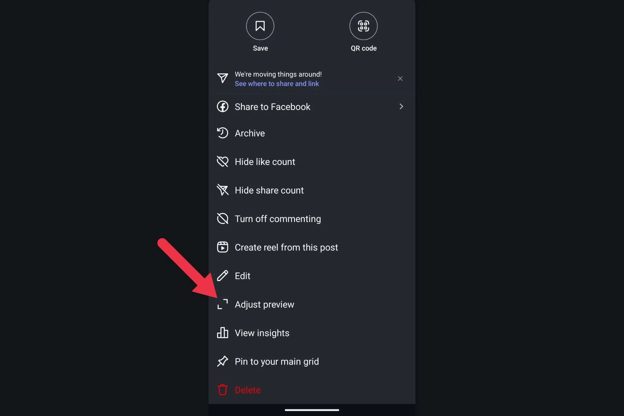 Tùy chọn &quot;Adjust Preview&quot; trên Instagram, cho phép người dùng điều chỉnh vùng hiển thị ảnh trên lưới hồ sơ