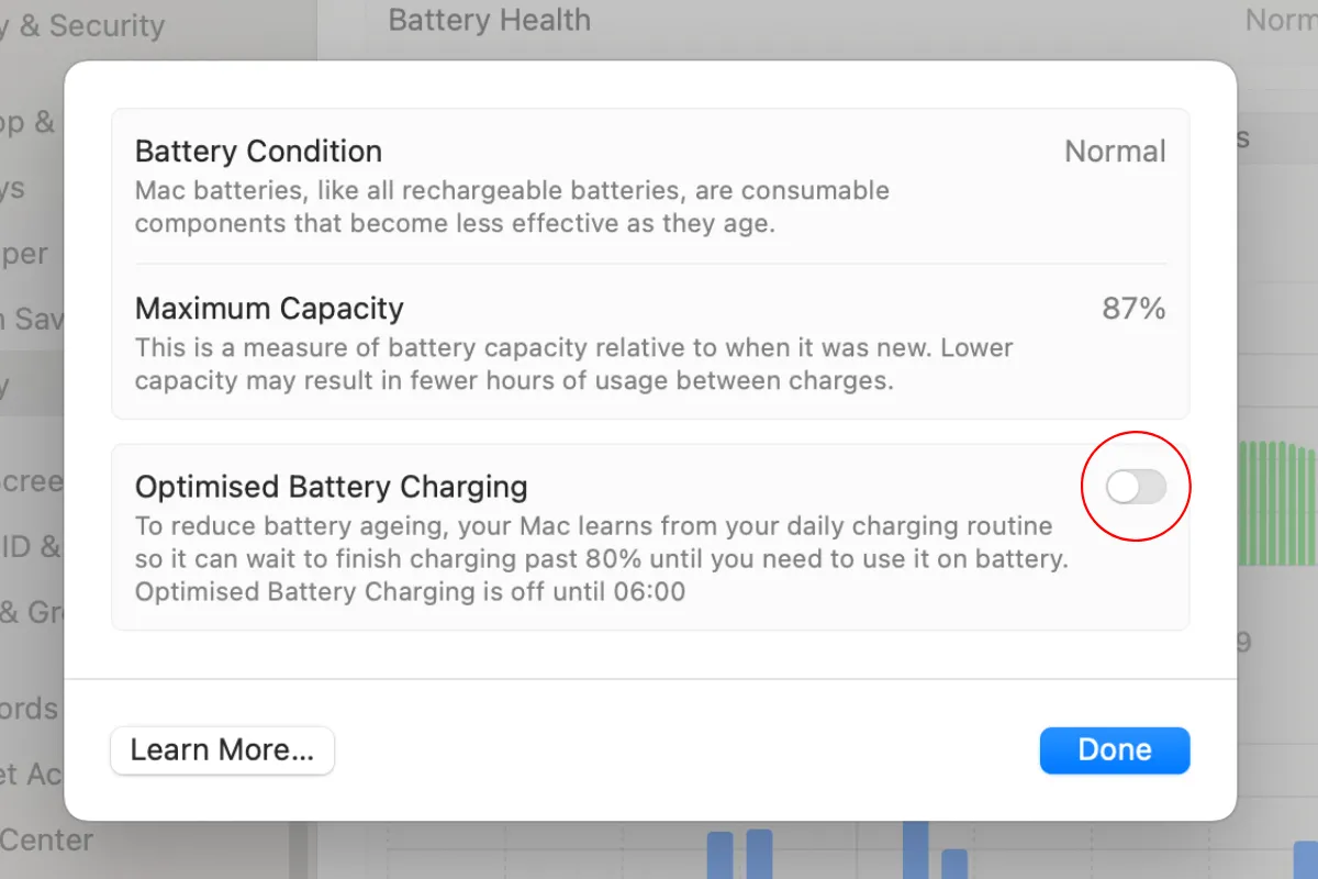 Tùy chọn bật Sạc pin được tối ưu hóa (Optimized Battery Charging) trong cài đặt Pin trên MacBook