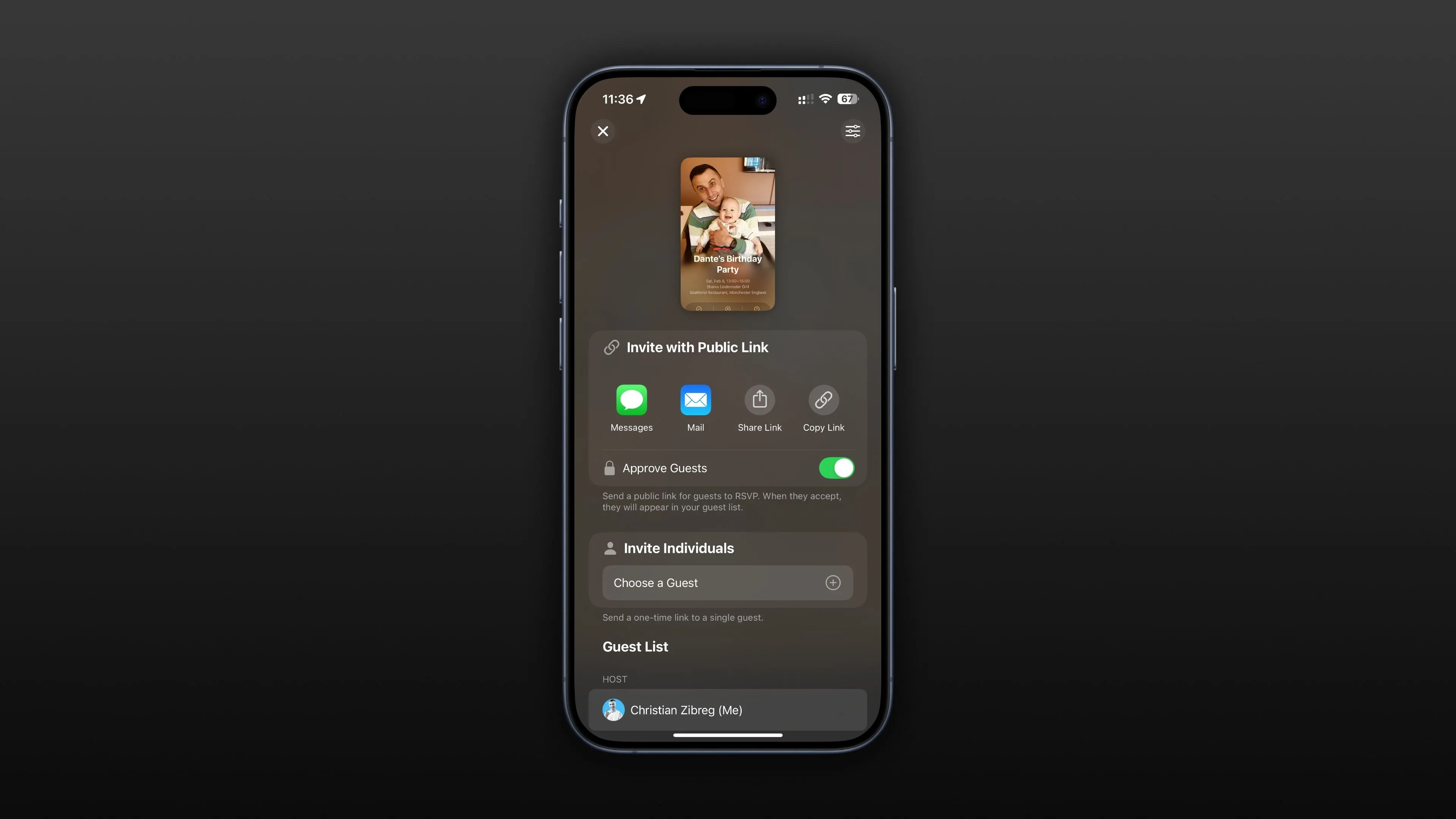Tùy chọn chia sẻ liên kết công khai đến sự kiện tiệc sinh nhật trong ứng dụng Apple Invites trên iPhone, giúp mời khách dễ dàng hơn.