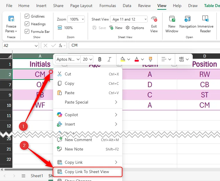 Tùy chọn Copy Link To Sheet View trong menu chuột phải của ô trong Excel Online