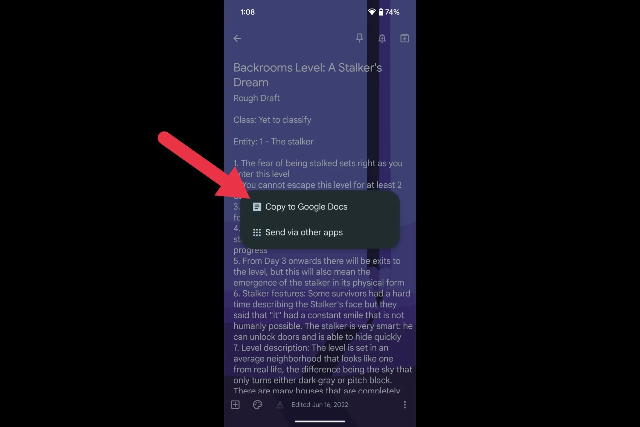 Tùy chọn &quot;Copy to Google Docs&quot; (Sao chép vào Google Docs) trong Google Keep