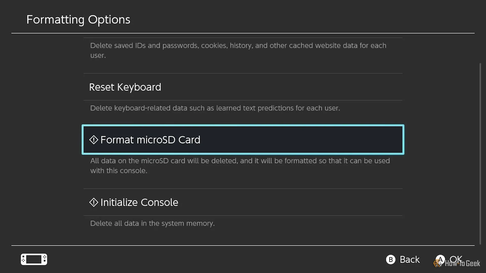 Tùy chọn định dạng thẻ nhớ microSD được tô sáng trong menu hệ thống Switch
