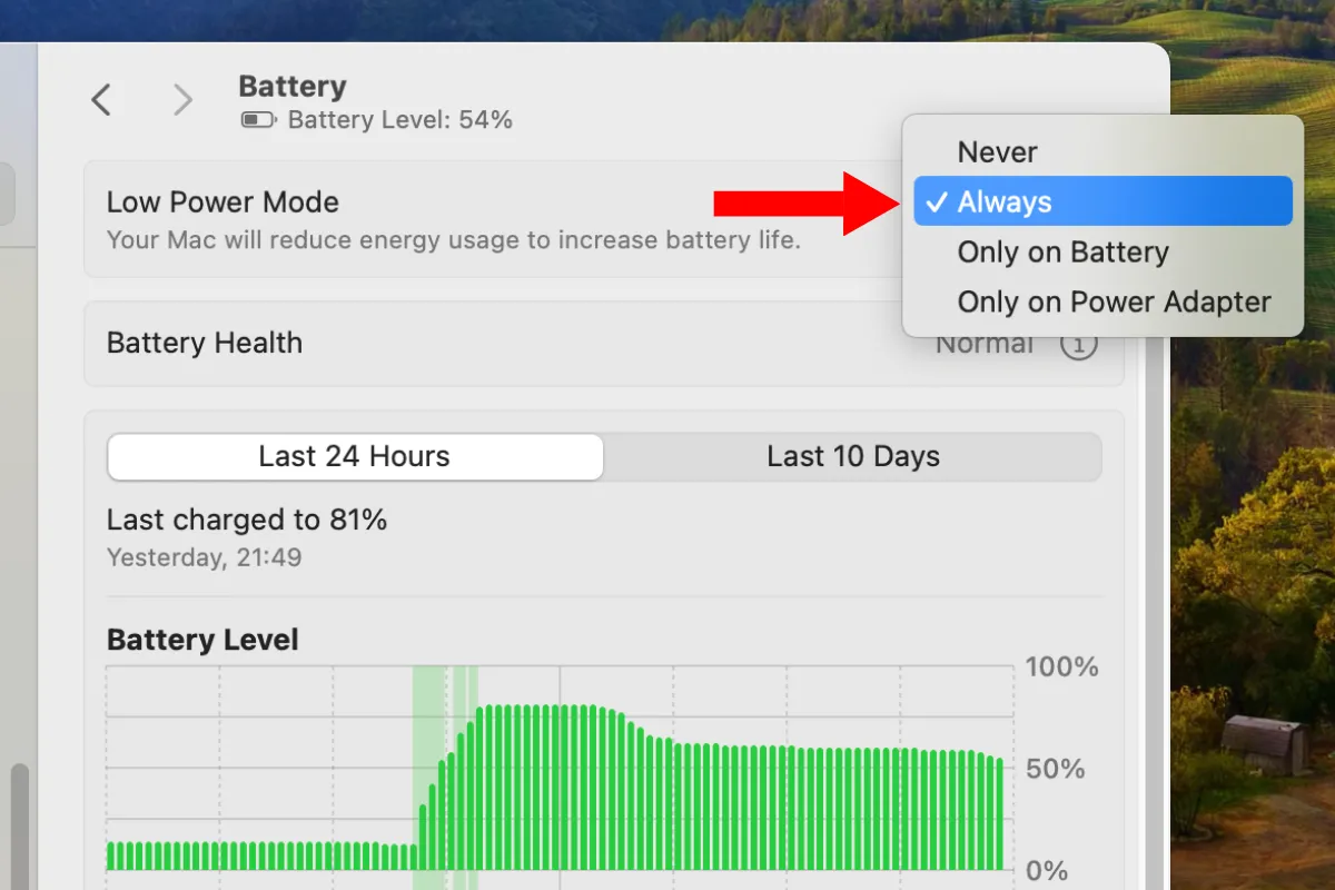 Tùy chọn kích hoạt Chế độ Nguồn điện thấp (Low Power Mode) trong cài đặt Pin của macOS