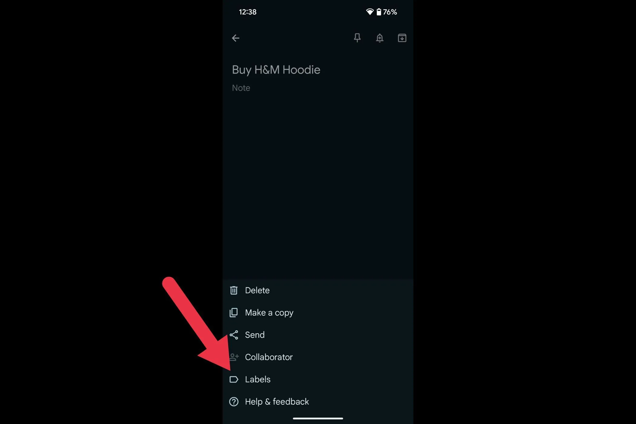 Tùy chọn &quot;Labels&quot; (Nhãn) trong menu của Google Keep để quản lý ghi chú