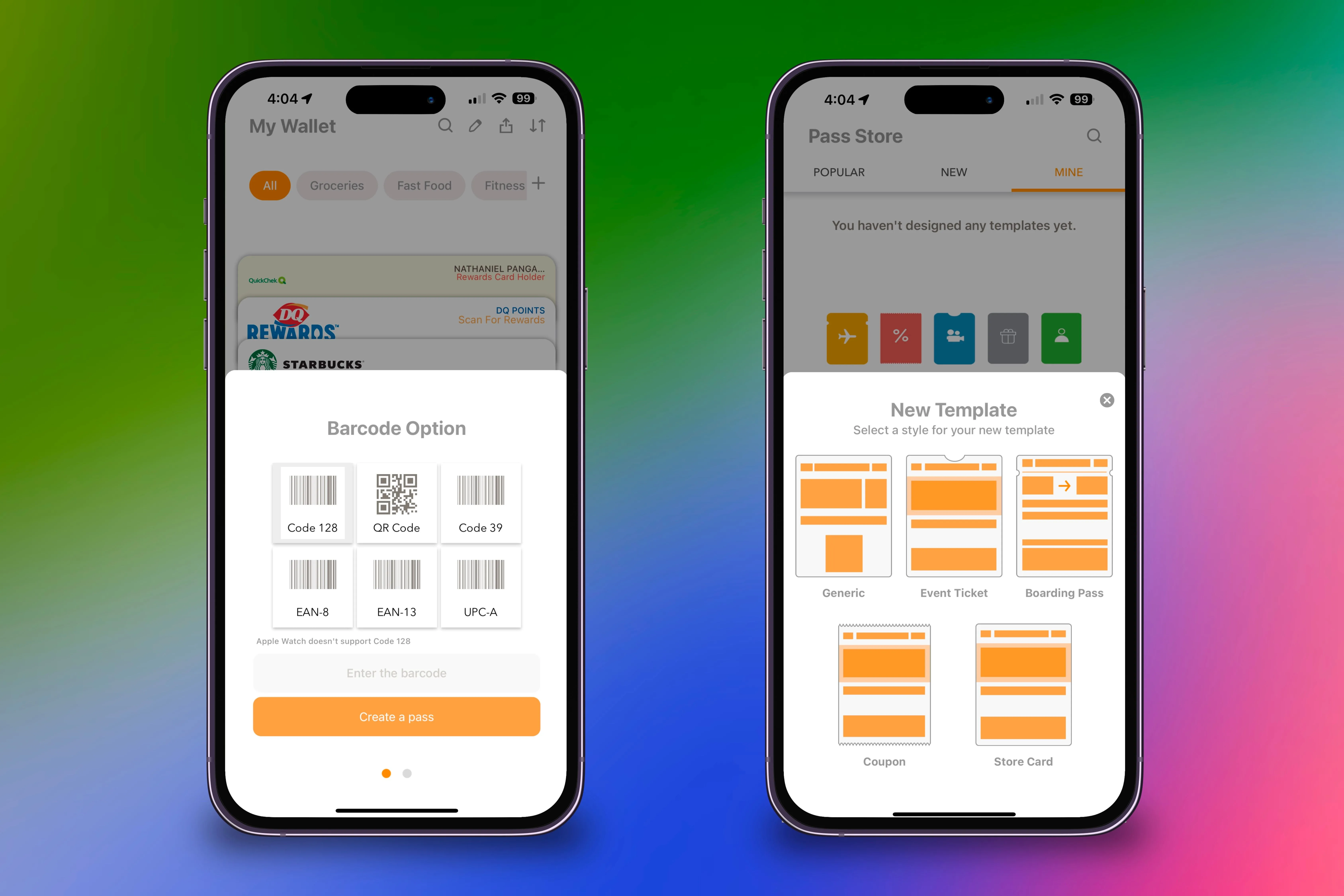 Tùy chọn mã vạch và các mẫu thẻ mới trong ứng dụng Pass2U Wallet trên iPhone