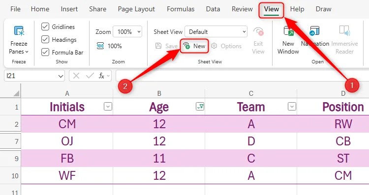 Tùy chọn New Sheet View trong tab View trên thanh ribbon của Excel Online