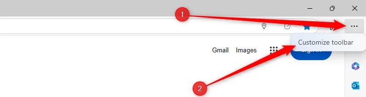 Tùy chọn nhấp chuột phải để Tùy chỉnh thanh công cụ trên menu ba chấm trong Microsoft Edge.