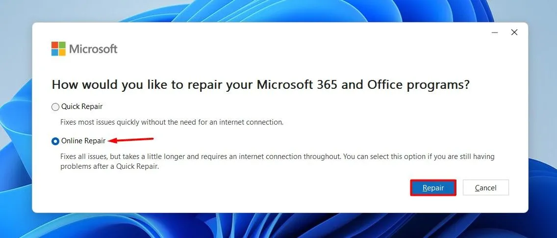 Tùy chọn Online Repair để sửa chữa ứng dụng Microsoft Office, bao gồm Outlook.