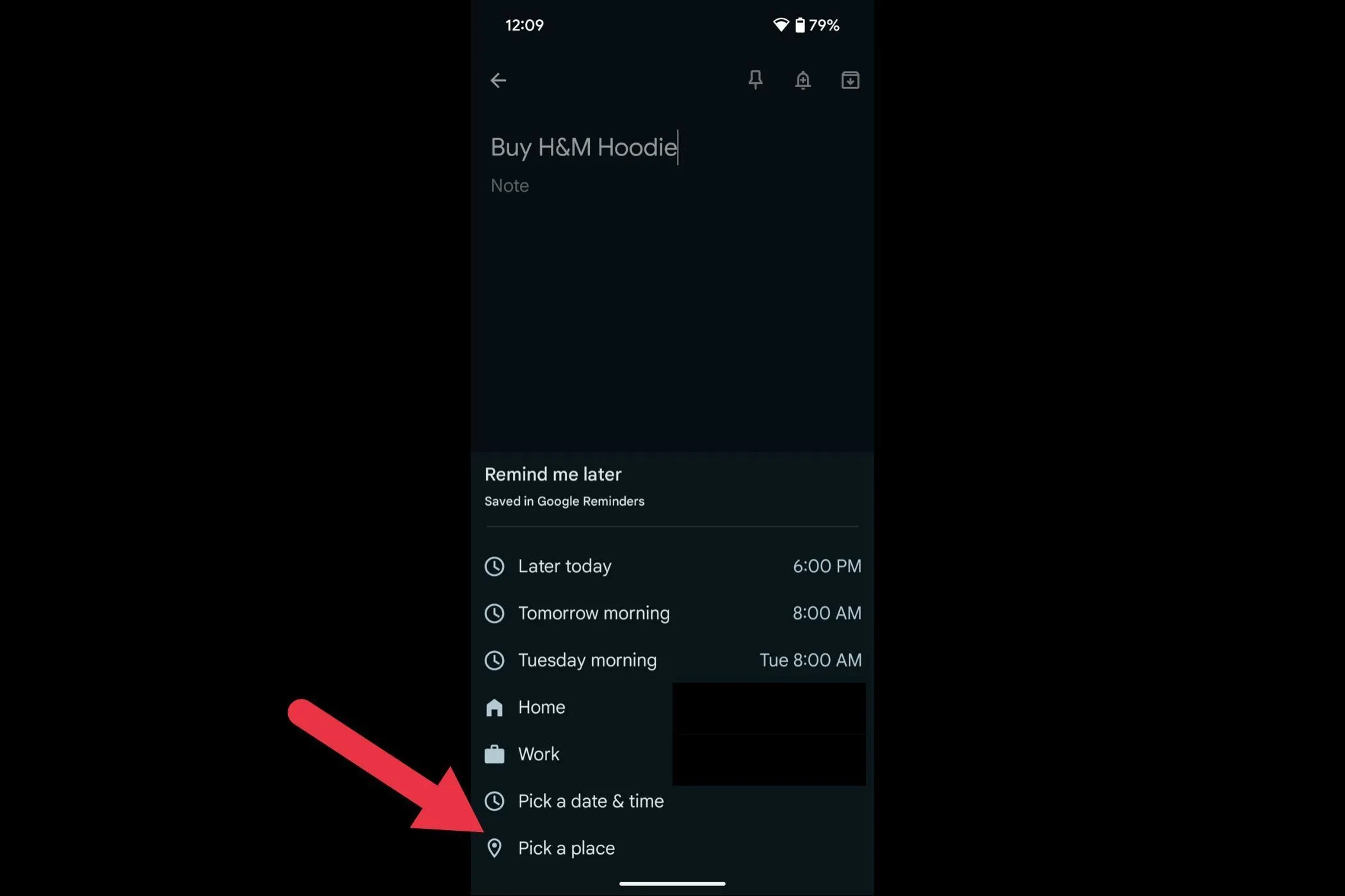 Tùy chọn &quot;Pick a place&quot; (Chọn địa điểm) trong menu nhắc nhở của Google Keep