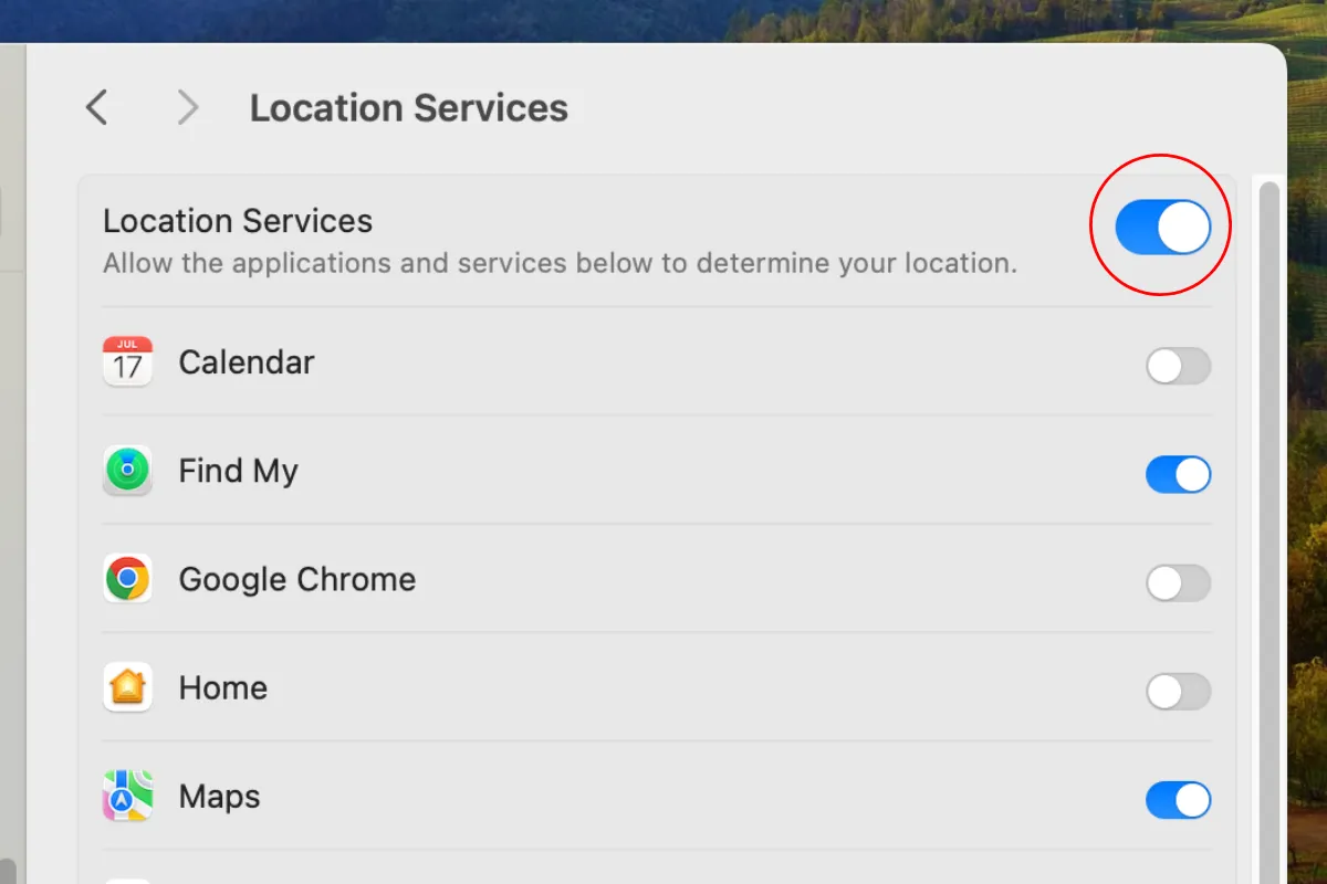 Tùy chọn tắt/bật Dịch vụ định vị (Location Services) trong Cài đặt Quyền riêng tư &amp; Bảo mật của macOS