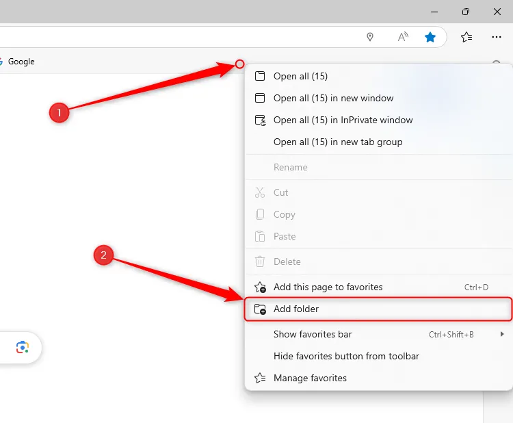 Tùy chọn Thêm thư mục trong thanh Yêu thích của Microsoft Edge từ menu chuột phải.