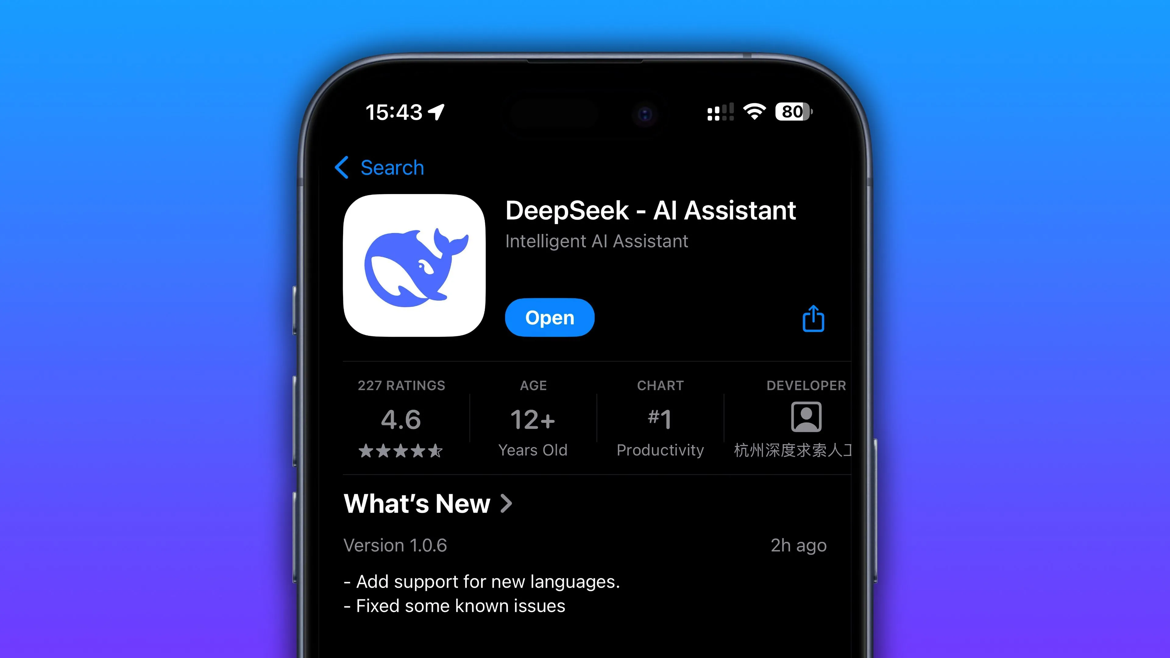 Ứng dụng chatbot AI DeepSeek trên App Store của iPhone, thể hiện cách ứng dụng hiển thị trong chợ chính thức