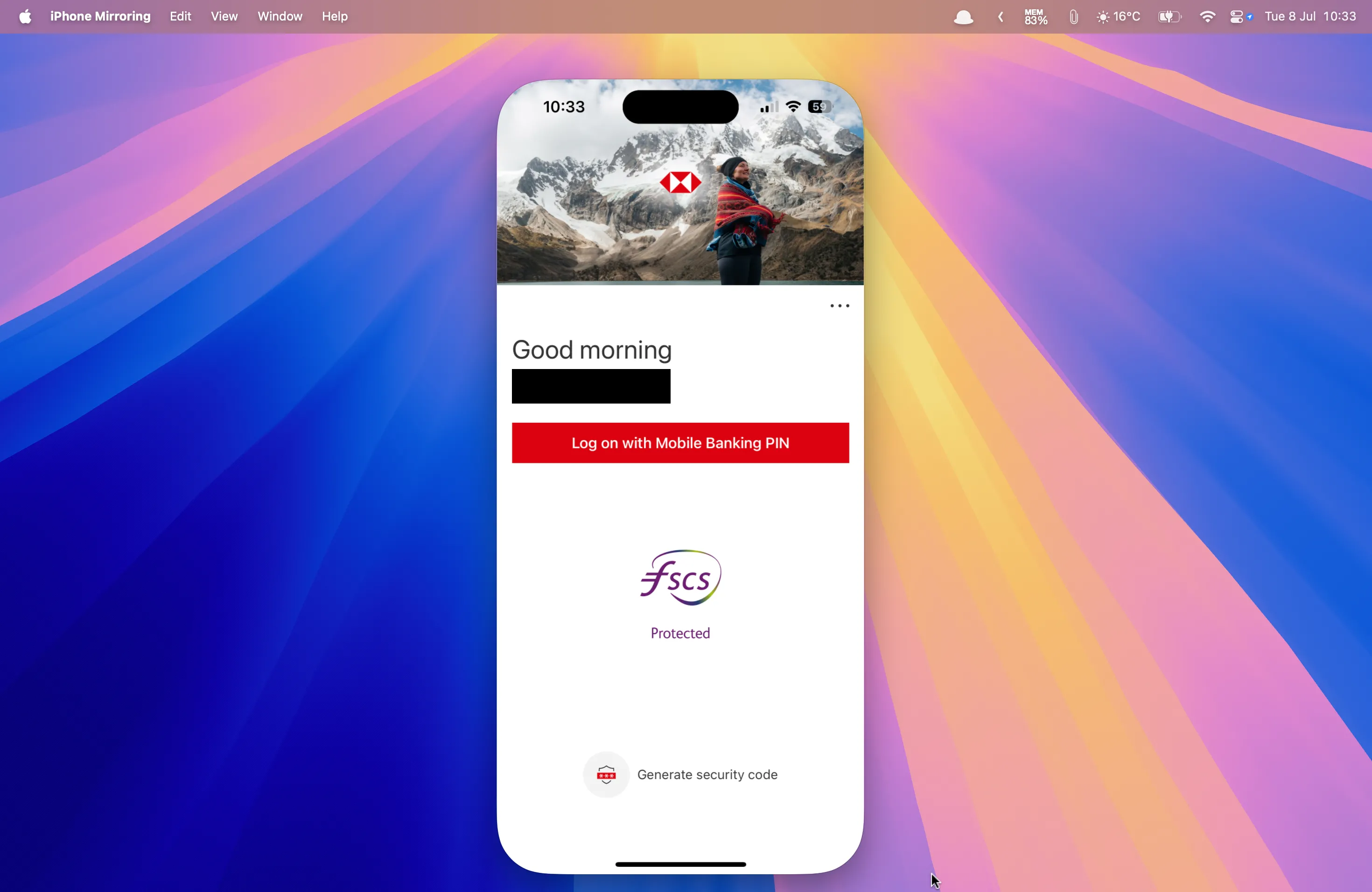 Ứng dụng ngân hàng HSBC hiển thị trên màn hình Mac thông qua tính năng Phản chiếu iPhone (iPhone Mirroring), cho phép xác thực thanh toán dễ dàng.
