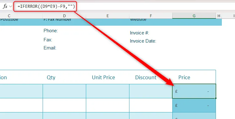 Ví dụ về công thức Excel đã được nhúng sẵn trong hàm IFERROR, giúp tự động tính toán trên hóa đơn