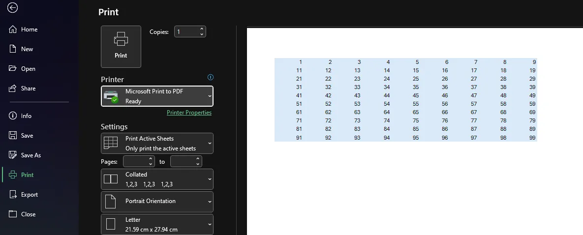 Xem trước bản in trong Excel cho thấy các màu mặc định xuất hiện trên giấy, bất kể chế độ hiển thị tối trên màn hình, nhấn mạnh sự cần thiết phải kiểm tra trước khi in.