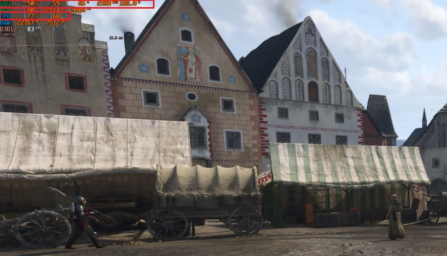 A screenshot showing in-game performance metrics in Kingdom Come Deliverance II. 
