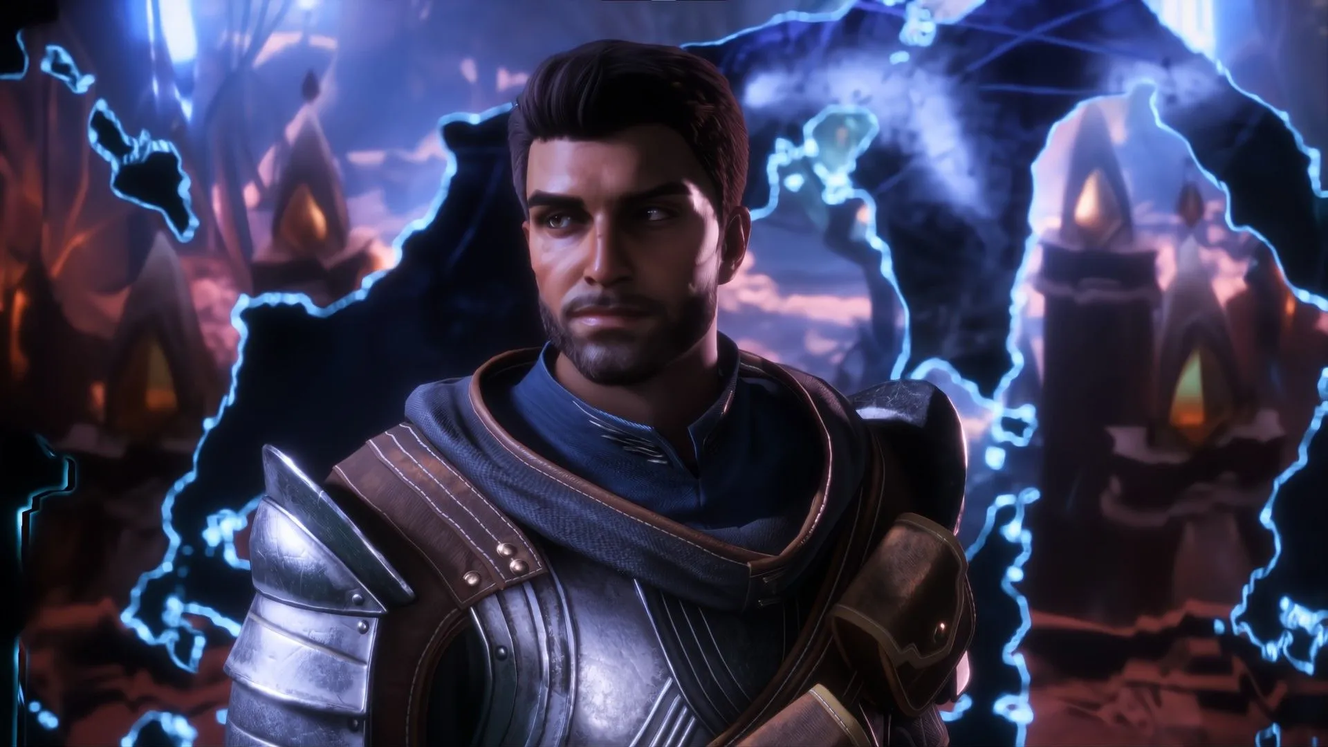 A warrior looking to the left near rifts in Dragon Age The Veilguard.