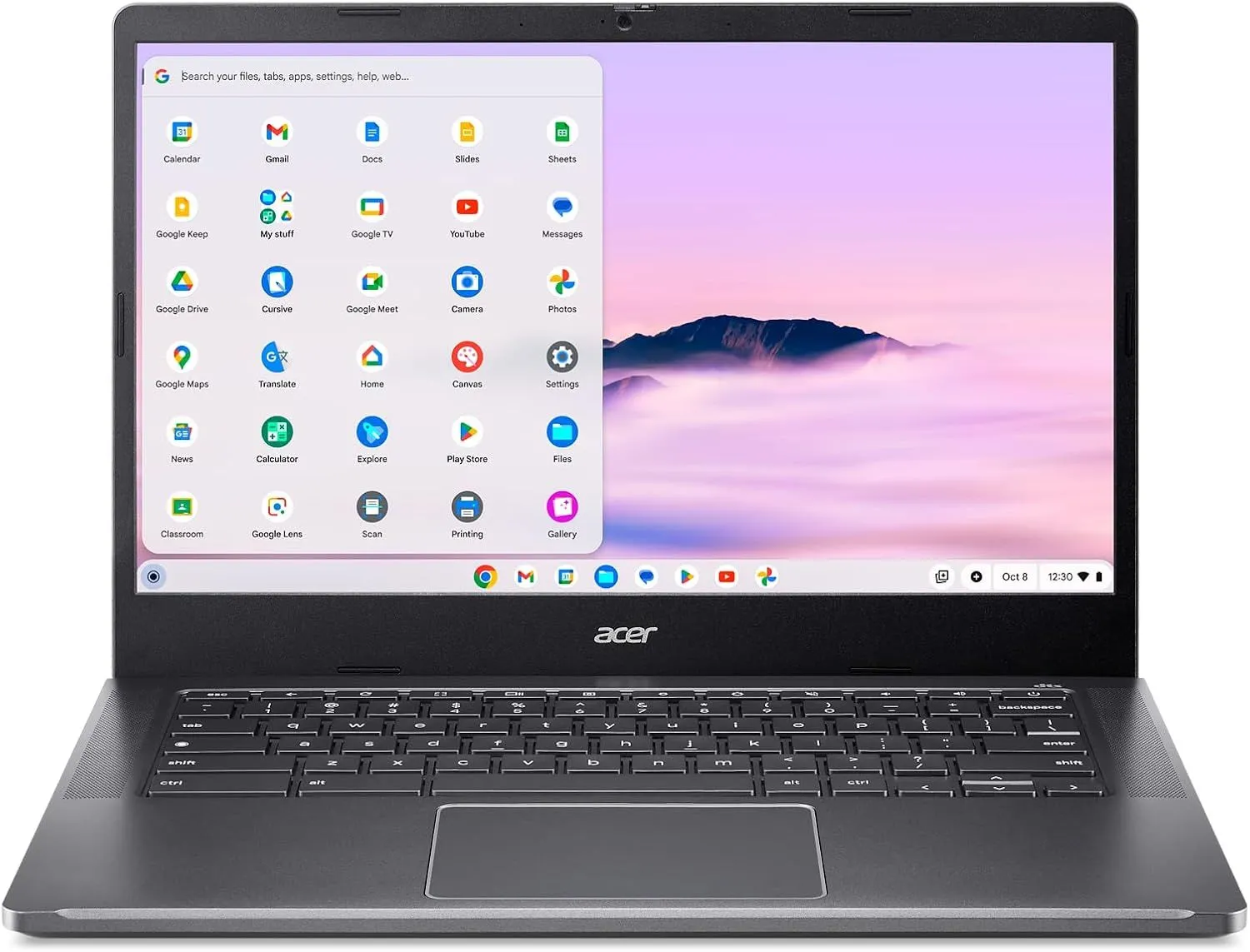 Acer Chromebook Plus 514 với màn hình hiển thị logo ChromeOS và giao diện người dùng đơn giản.