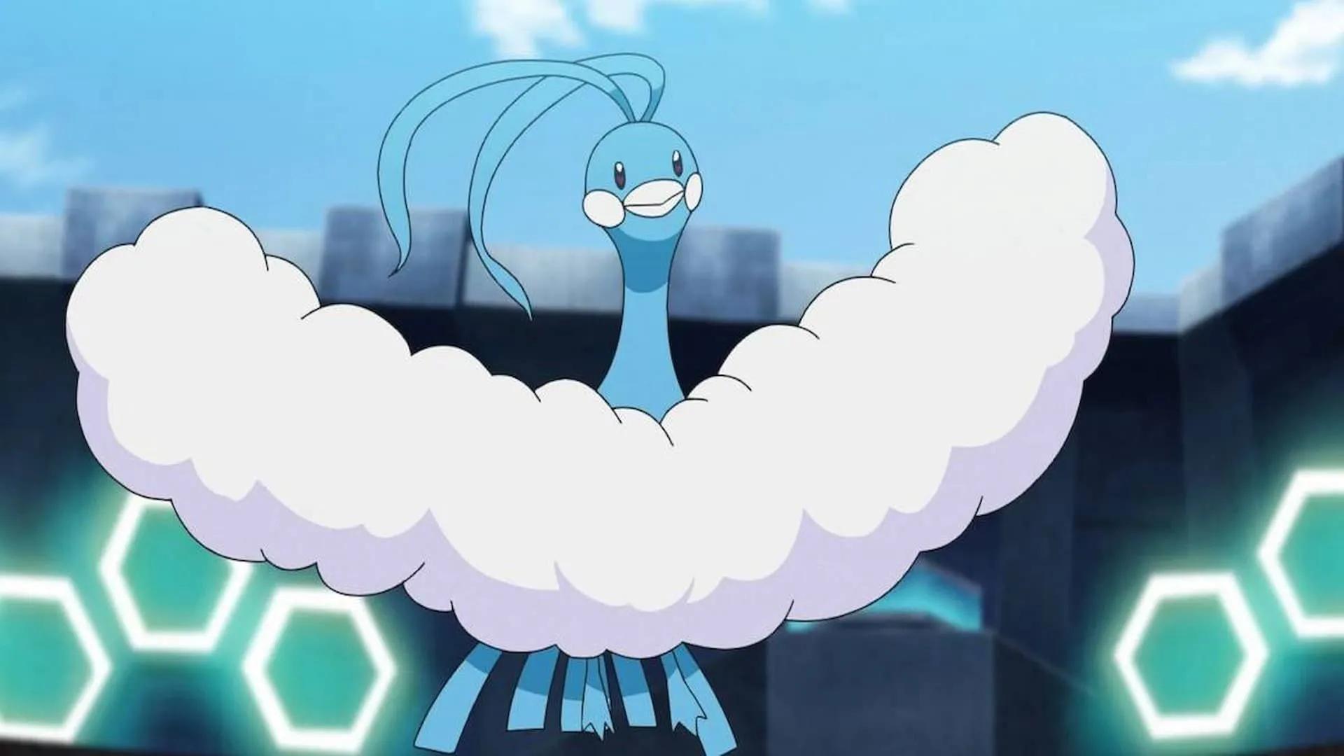 Altaria với đôi cánh bông mềm mại đang bay lượn trong loạt phim hoạt hình Pokémon