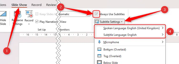 Always Use Subtitles được chọn trong Microsoft PowerPoint, và các tùy chọn ngôn ngữ nói và phụ đề được đặt là tiếng Anh.