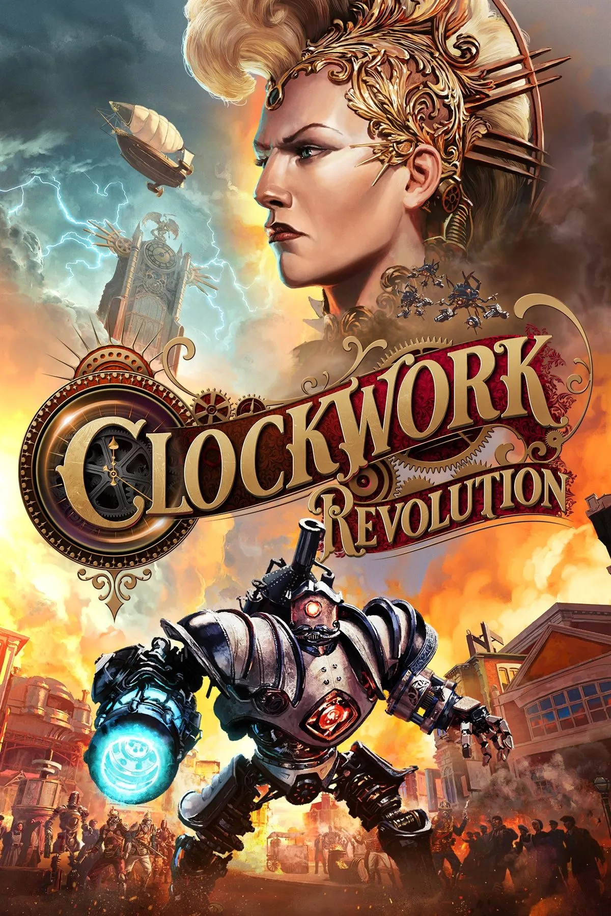Ảnh bìa game Clockwork Revolution với phong cách Steampunk đặc trưng và yếu tố khoa học viễn tưởng.