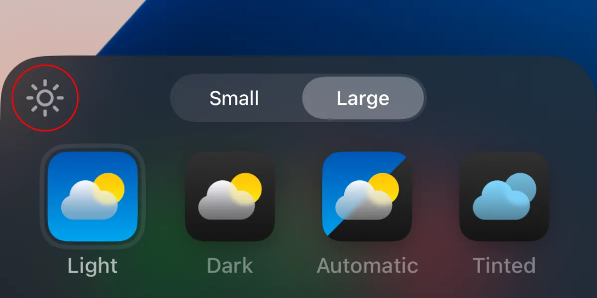 Ảnh chụp màn hình biểu tượng mặt trời trong menu Tùy chỉnh trên iPhone.