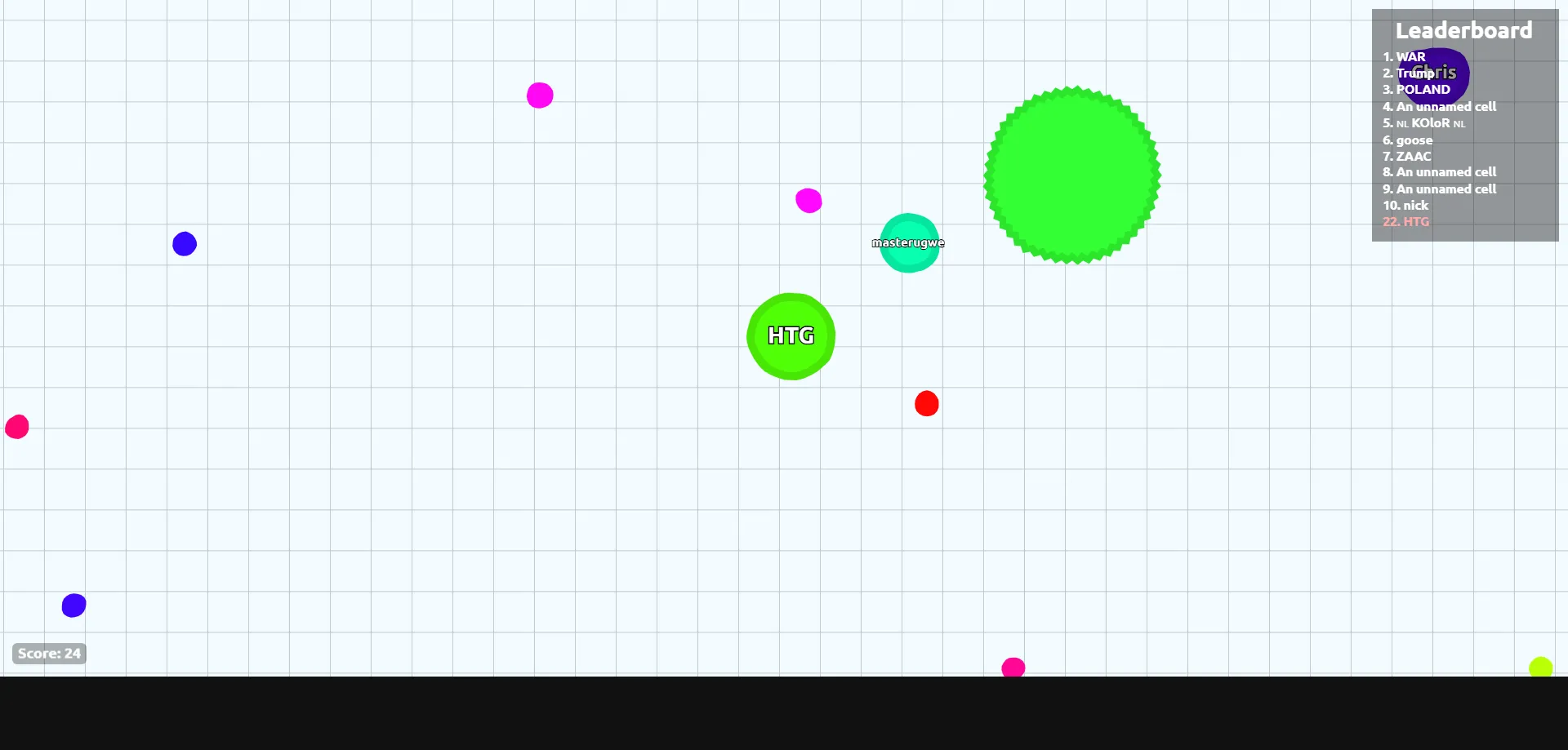 Ảnh chụp màn hình game Agar.io với nhiều tế bào màu sắc đang cạnh tranh, thể hiện yếu tố PvP độc đáo của game browser.