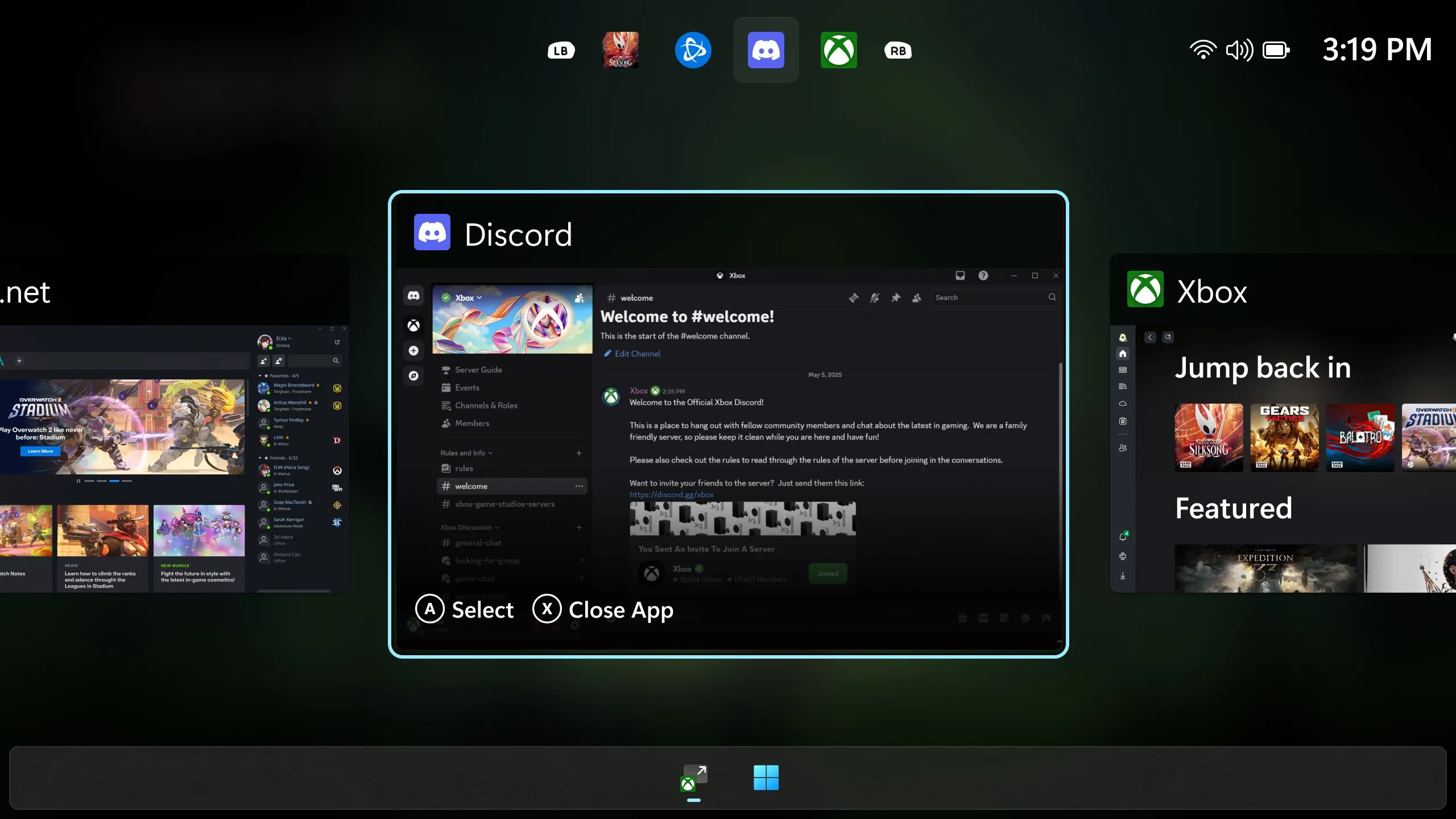 Ảnh chụp màn hình giao diện chuyển đổi tác vụ trên Windows thân thiện với tay cầm, tương tự như trên console.