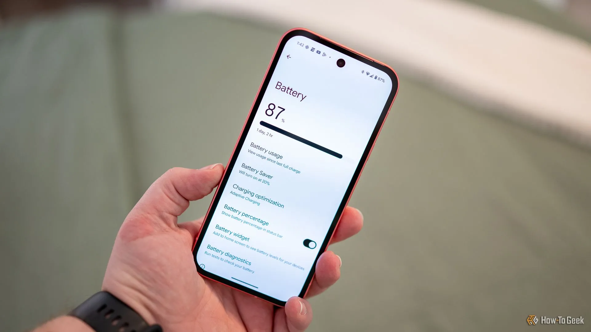 Ảnh chụp màn hình menu cài đặt pin trên Google Pixel 9a, hiển thị mức sử dụng pin.