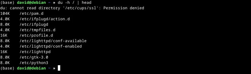Ảnh chụp màn hình terminal Linux với lệnh du -h | head, hiển thị dung lượng sử dụng của các tệp và thư mục hàng đầu.
