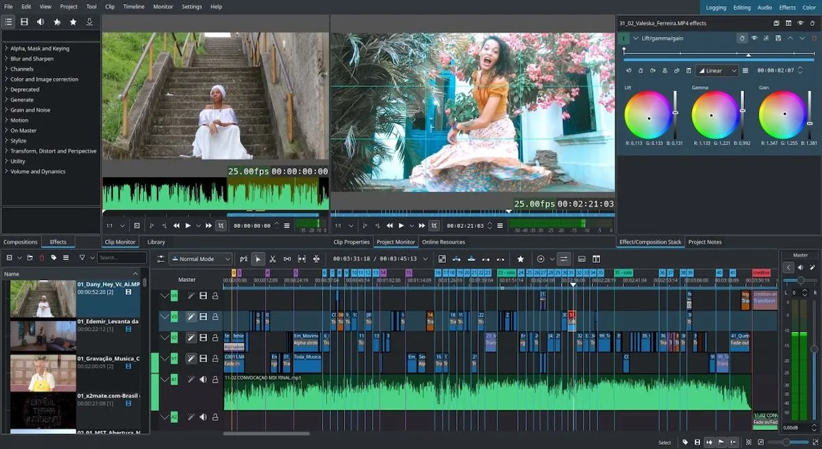 Ảnh chụp màn hình trình chỉnh sửa video Kdenlive với các công cụ biên tập chuyên nghiệp.