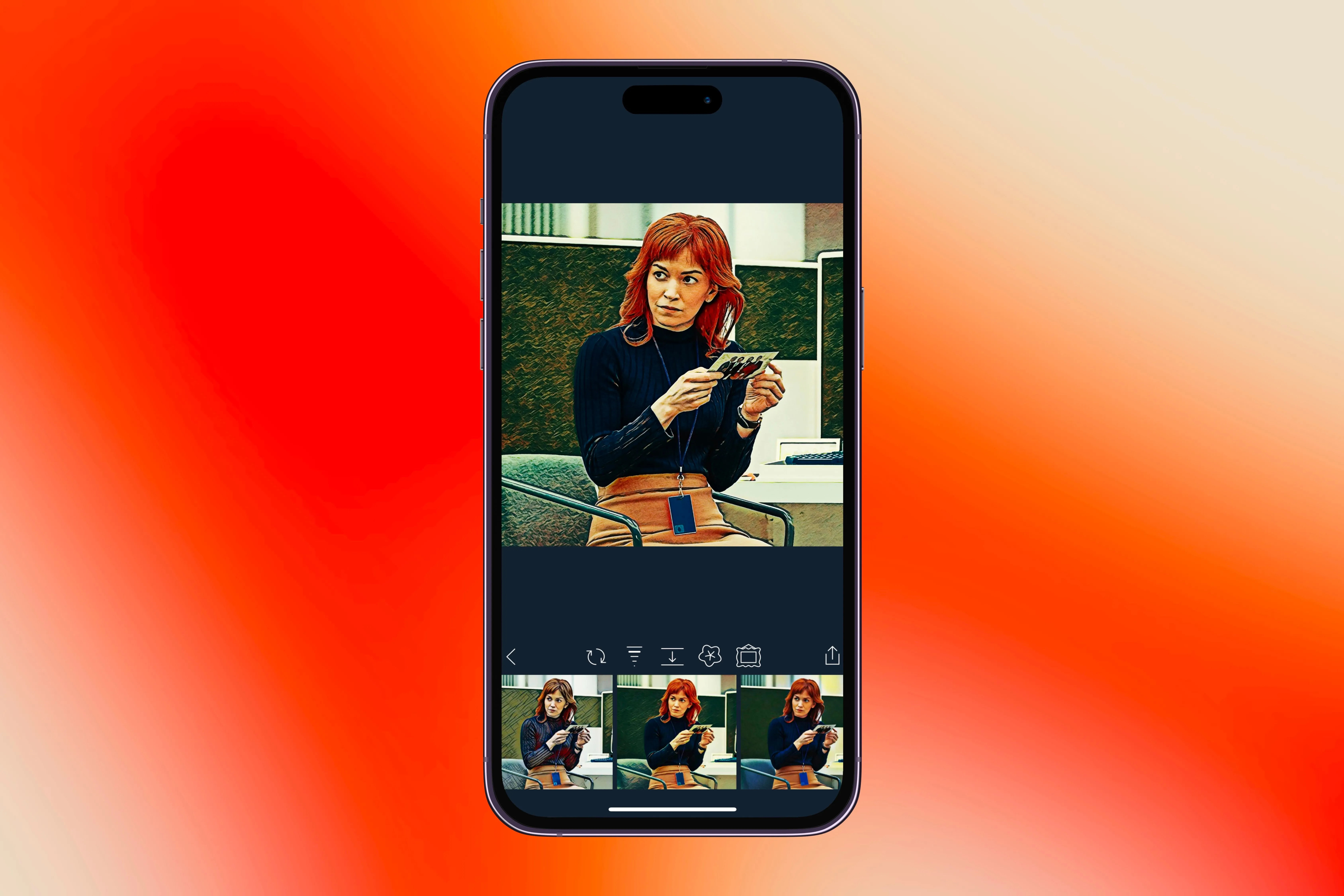 Ảnh Helly R. từ Severance đang được chỉnh sửa trong ứng dụng Visionist trên iPhone
