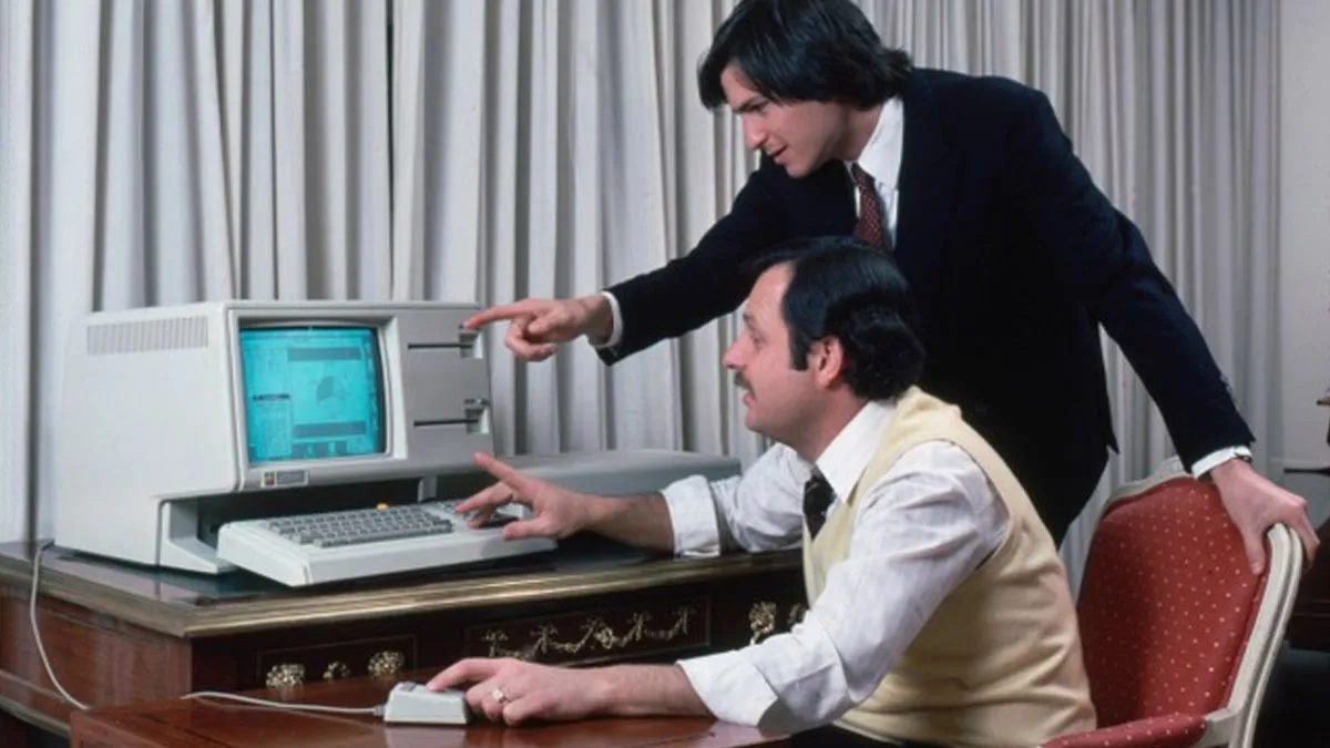 Ảnh máy tính Apple Lisa đặt trên bàn, phía trước là Steve Jobs và John Couch.