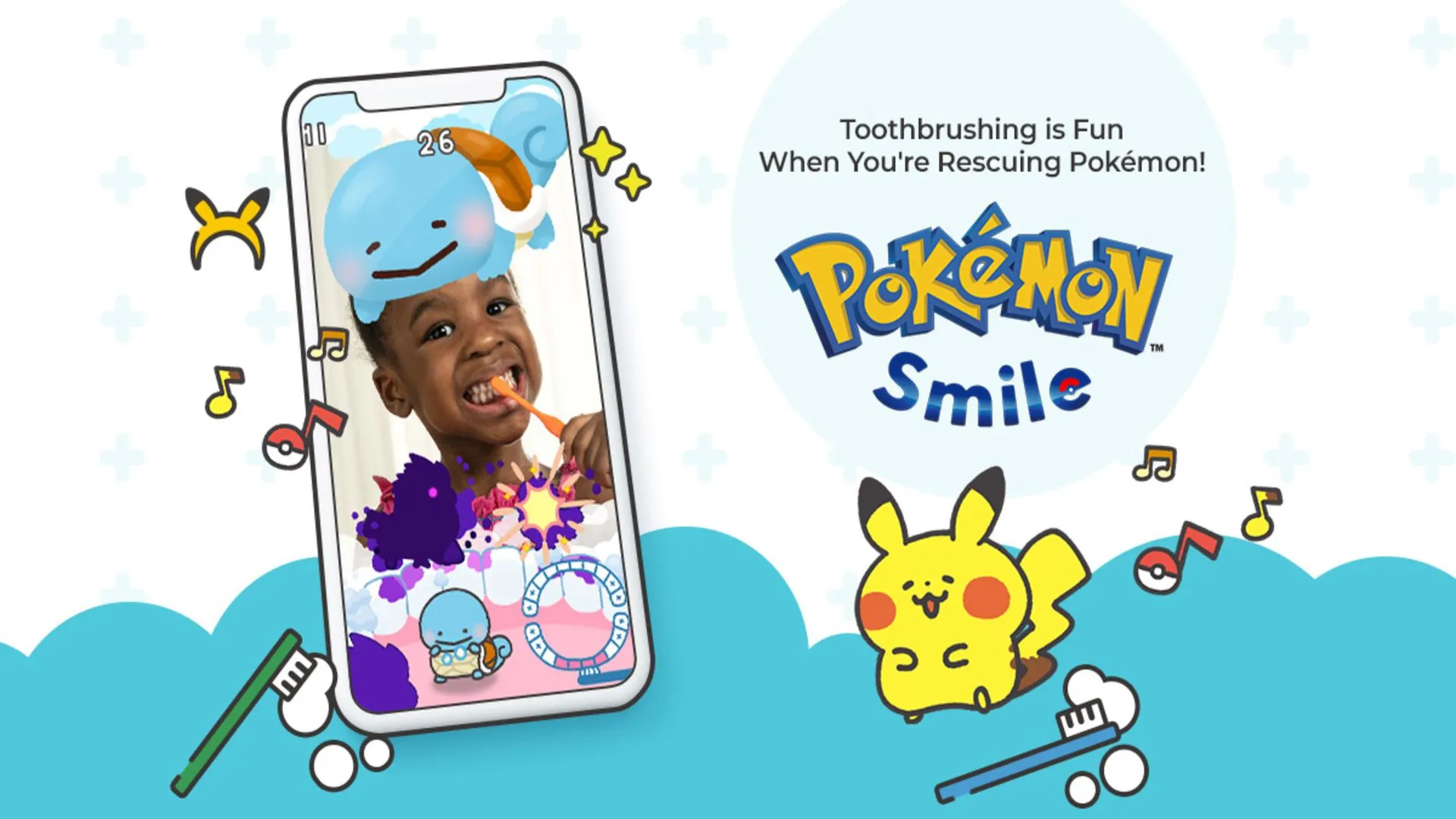 Ảnh quảng cáo game Pokémon Smile, ứng dụng di động giúp trẻ em đánh răng đúng cách.
