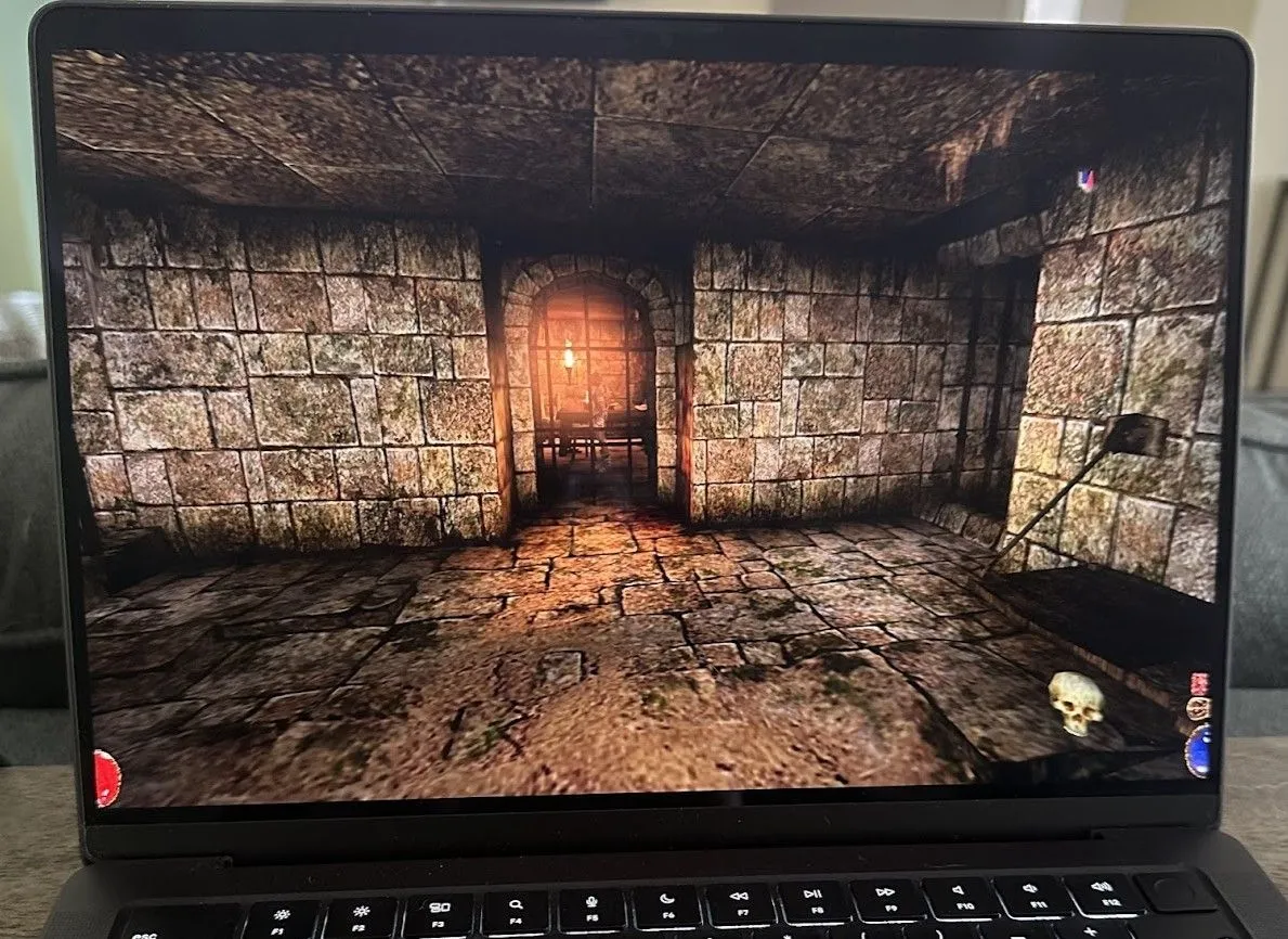 Arx Fatalis, một tựa game nhập vai hành động cổ điển, đang chạy trên MacBook Pro với đồ họa chi tiết.