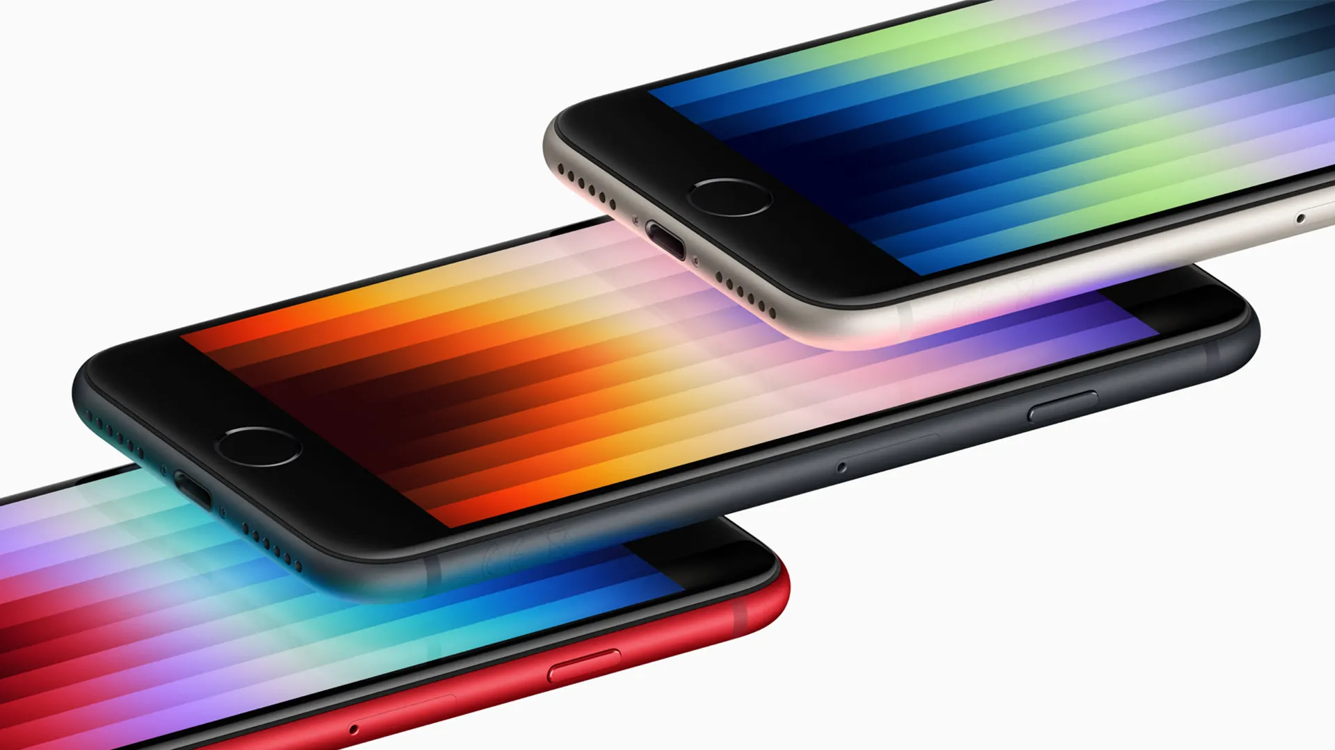 Ba chiếc iPhone SE thế hệ thứ ba được xếp chồng lên nhau, làm nổi bật thiết kế cũ với nút Home