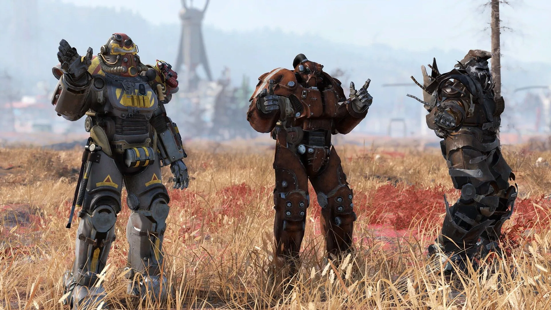 Ba người chơi trong bộ giáp năng lượng Power Armor của Fallout 76