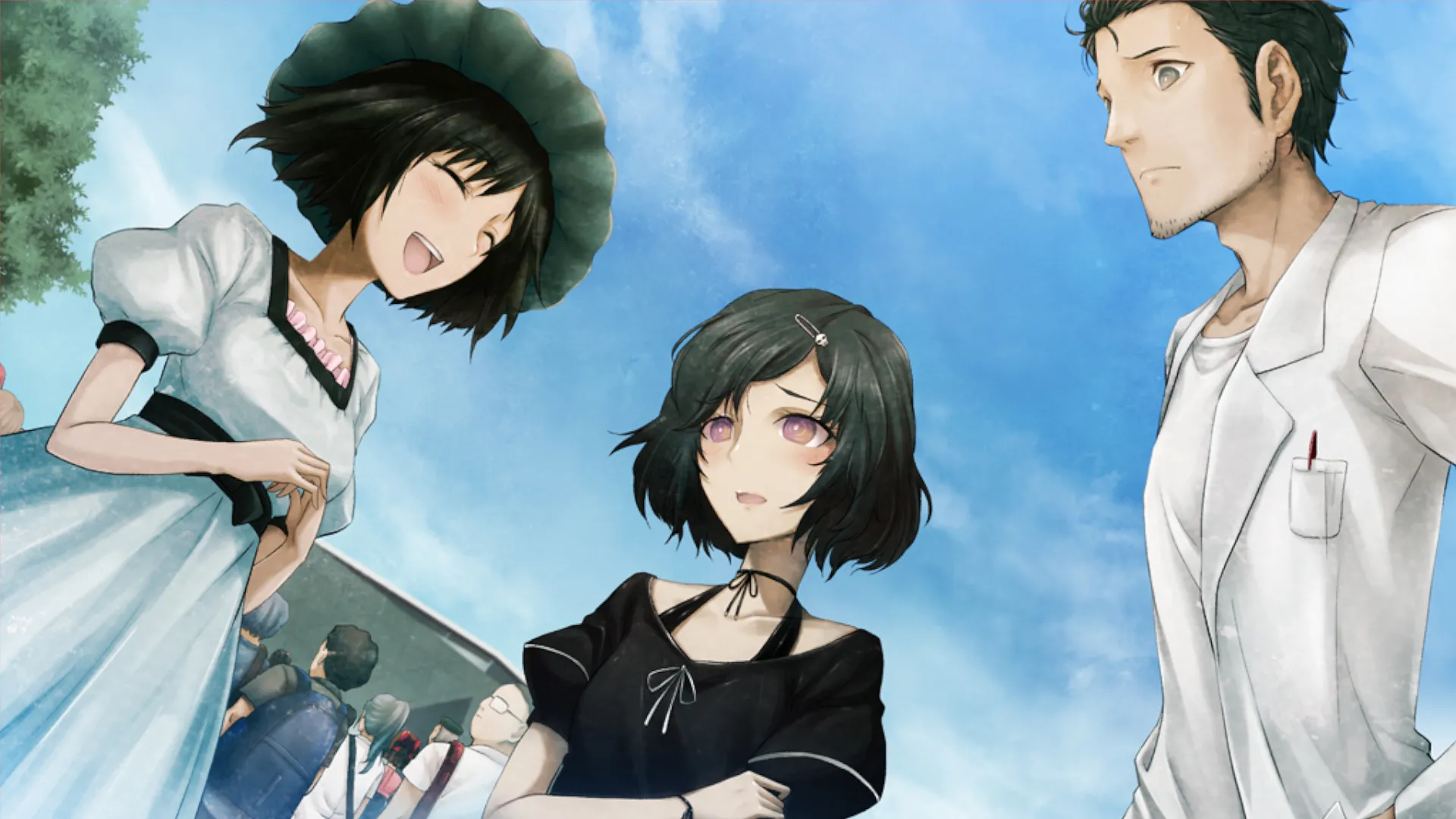 Ba nhân vật chính của Steins;Gate đang trò chuyện tại một địa điểm công cộng, khung cảnh quen thuộc trước những biến cố du hành thời gian đầy kịch tính.