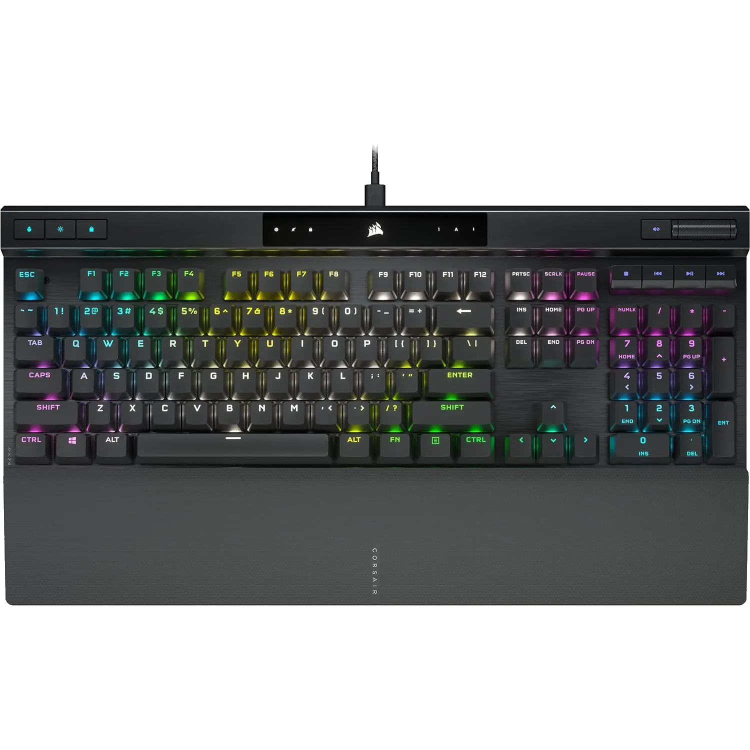 Bàn phím cơ chơi game Corsair K70 PRO với các phím media chuyên dụng và núm xoay âm lượng.