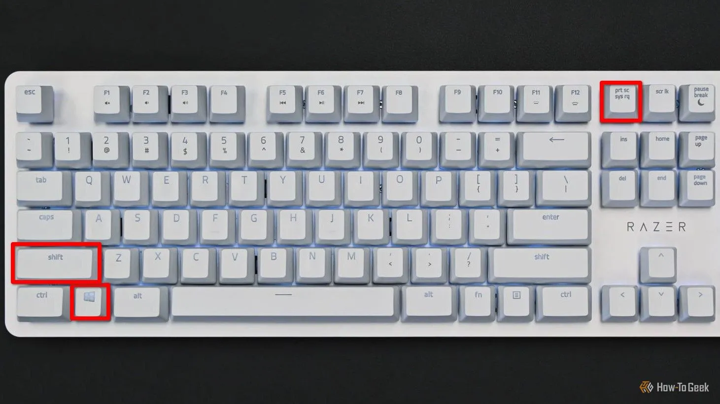 Bàn phím với phím Meta, Shift và Print Screen được tô đỏ, minh họa tổ hợp phím chụp màn hình vùng chọn trên Linux KDE.