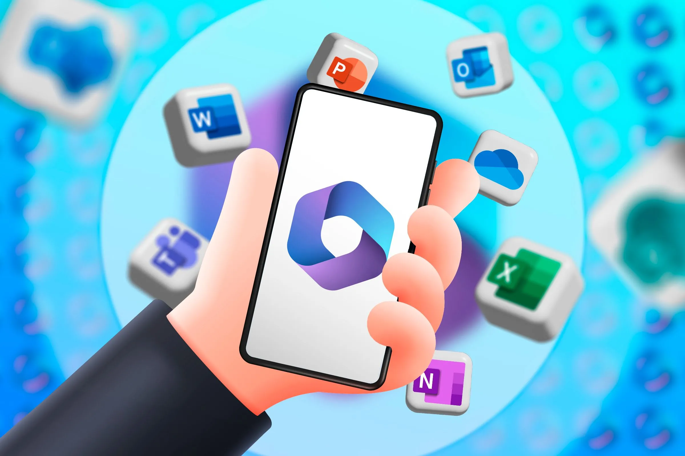 Bàn tay đang cầm điện thoại hiển thị logo Microsoft 365 và các biểu tượng ứng dụng Office xung quanh, thể hiện việc tăng giá do tính năng AI Copilot