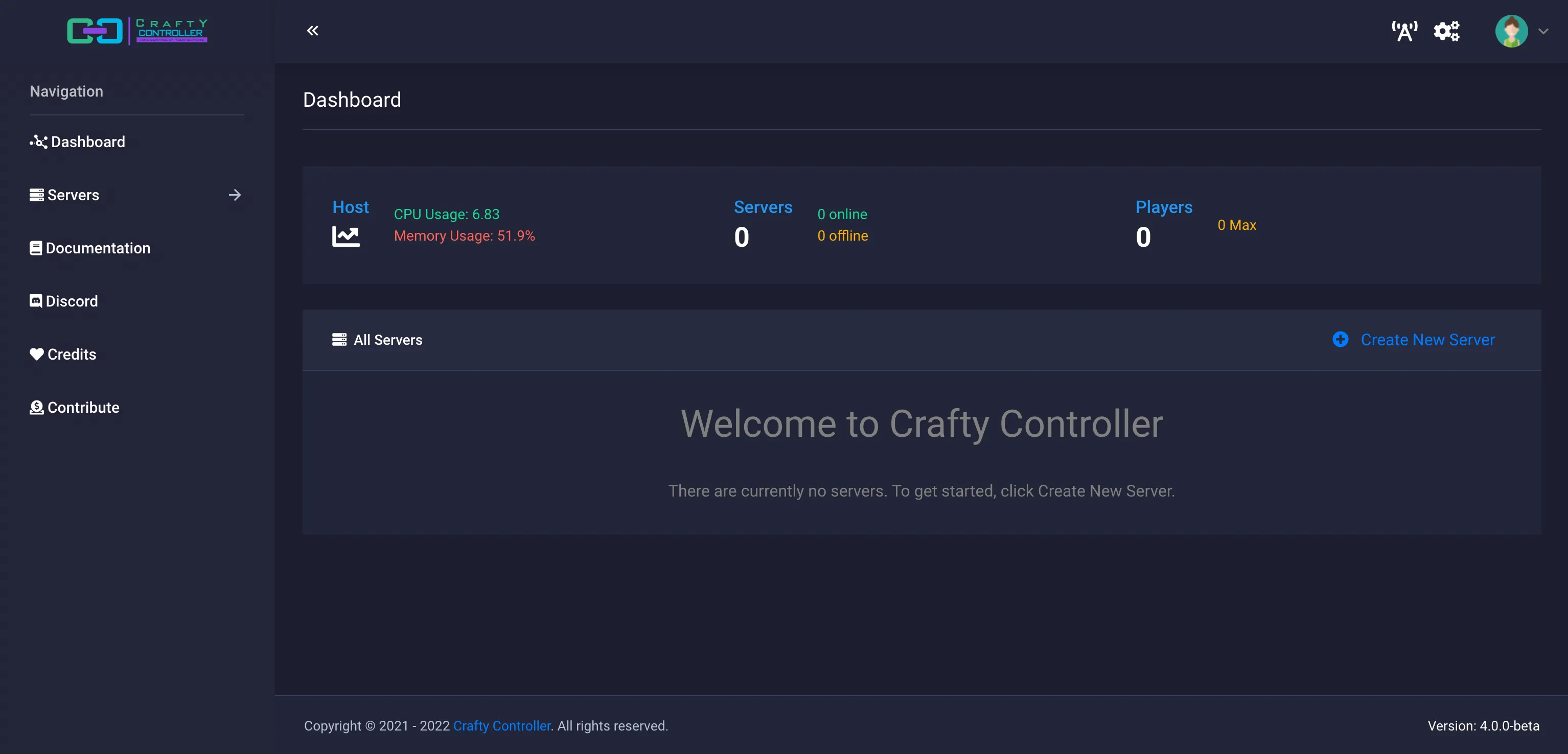 Bảng điều khiển chính của Crafty Controller 4, một trình quản lý máy chủ Minecraft đa năng và web-based.