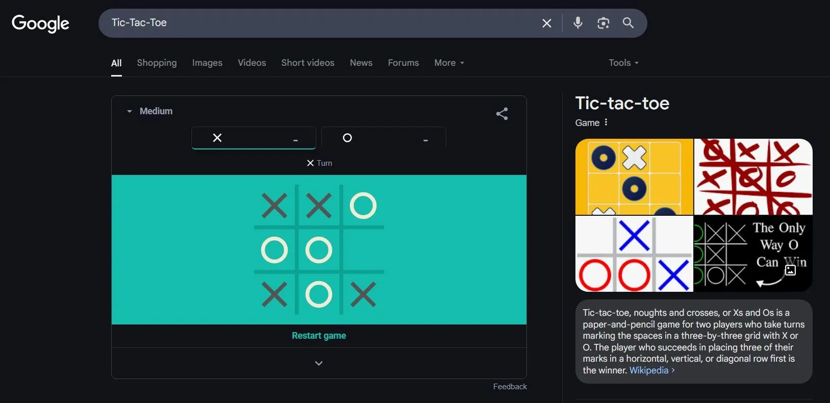 Bảng game Tic-Tac-Toe (Cờ Caro) trên Google Search cho phép người dùng chơi với máy tính.