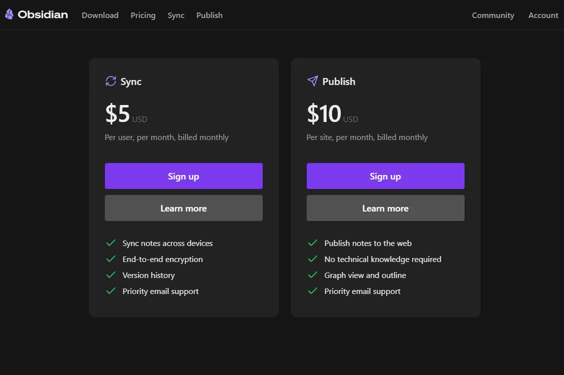 Bảng giá các gói dịch vụ của Obsidian bao gồm phiên bản miễn phí, Sync và Publish