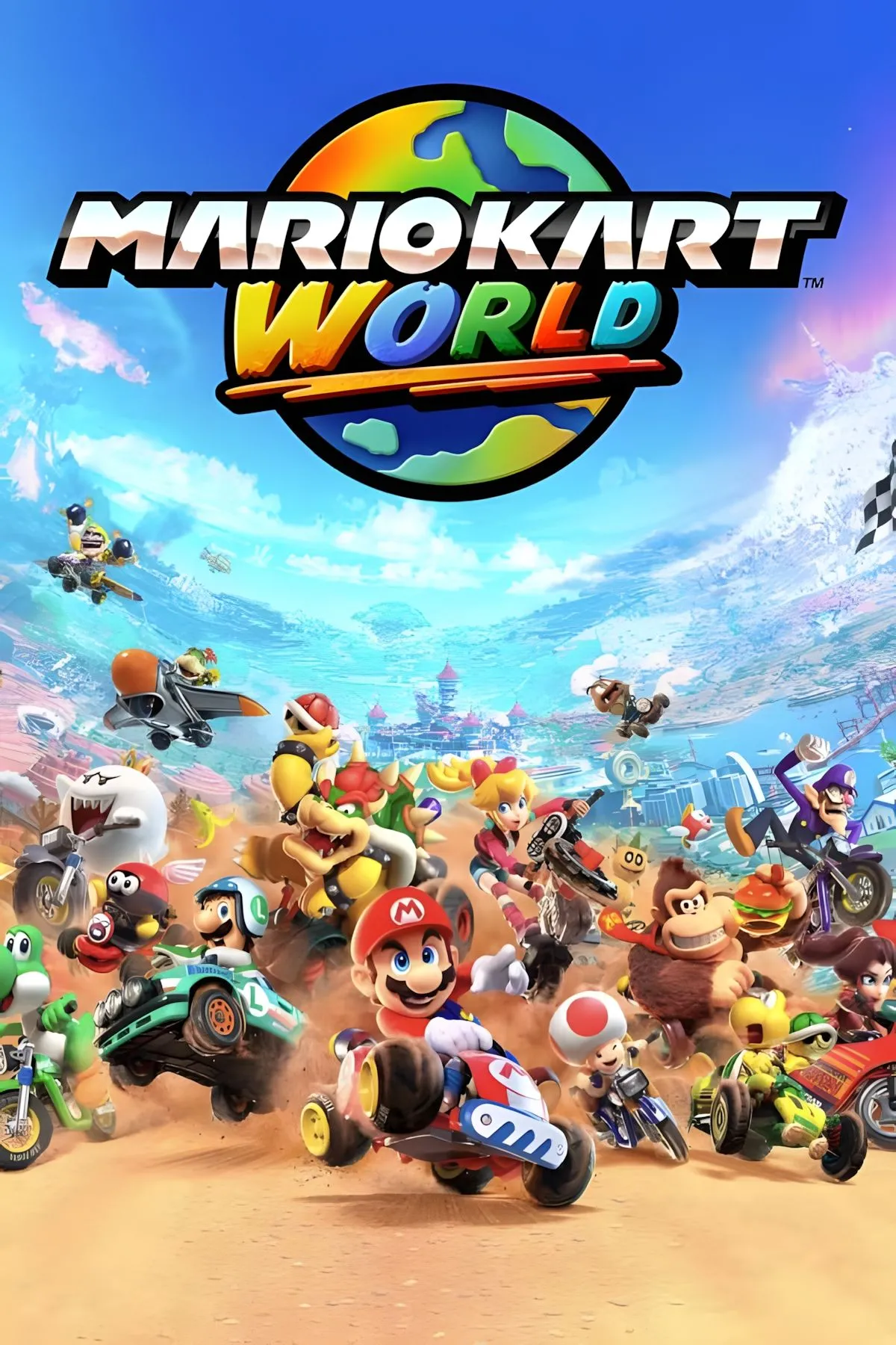 Bìa game Mario Kart World, tựa game đua xe kart nổi tiếng phù hợp để giải trí cùng gia đình trên Nintendo Switch 2.