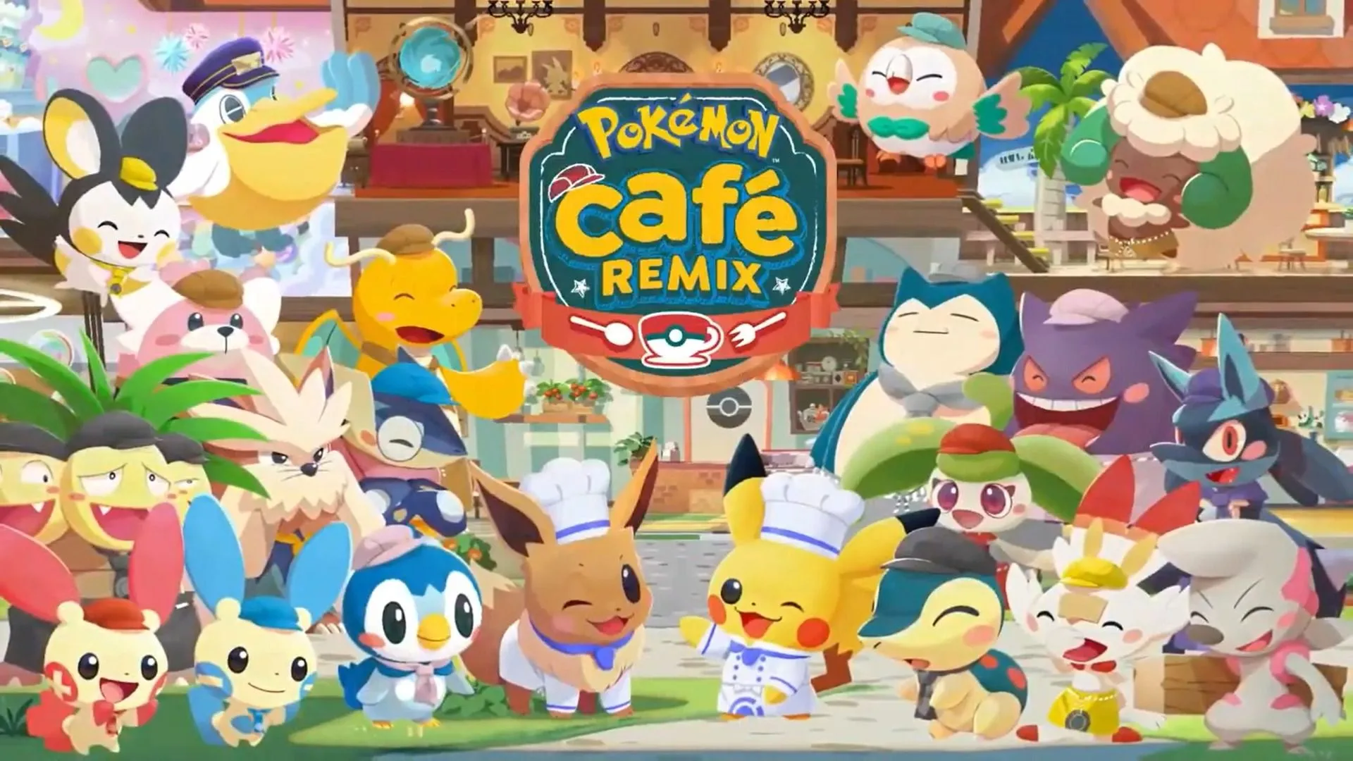Bìa game Pokémon Café ReMix, tựa game giải đố mô phỏng quản lý quán cà phê với các Pokémon đáng yêu.