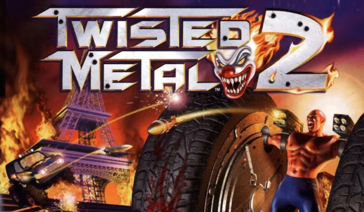 Bìa game Twisted Metal 2 với cảnh chiến đấu xe cộ hỗn loạn, biểu tượng của thể loại vehicular combat