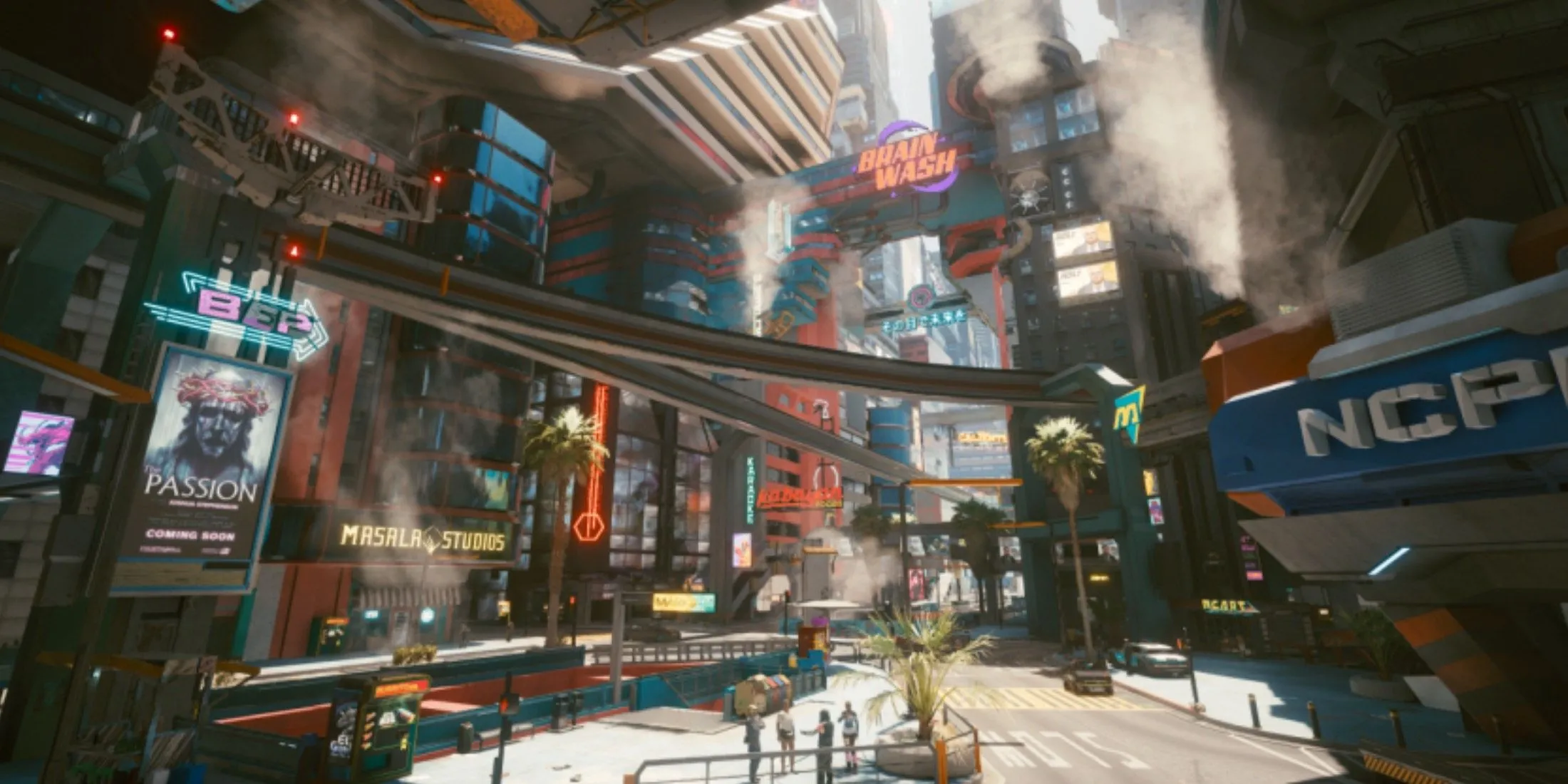 Biển quảng cáo và đèn neon trên đường phố Night City trong game Cyberpunk 2077