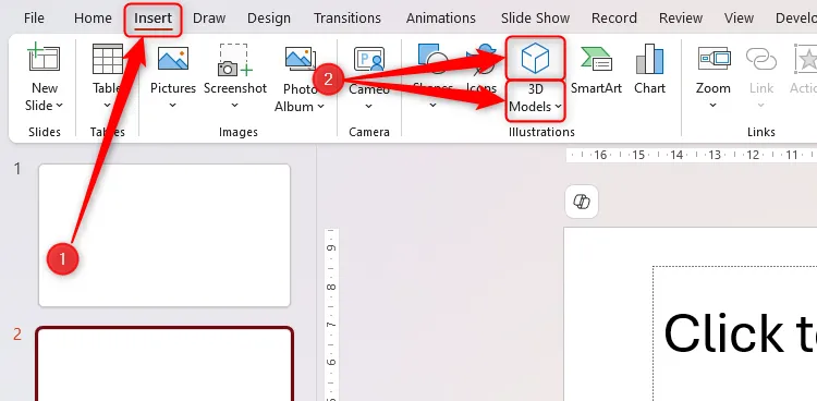 Biểu tượng 3D Models trong tab Insert của Microsoft PowerPoint.