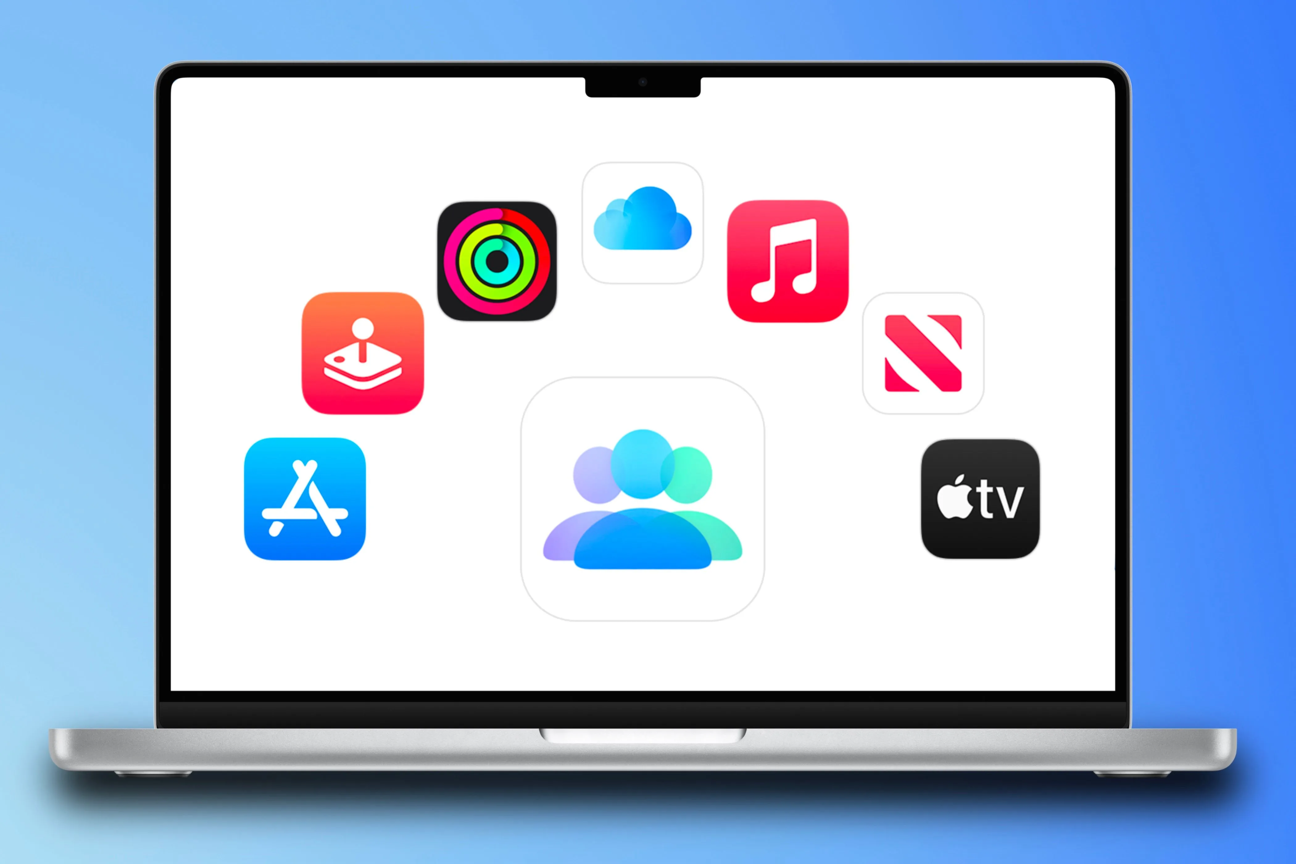 Biểu tượng Chia sẻ gia đình Apple One trên MacBook Pro cùng các dịch vụ tích hợp
